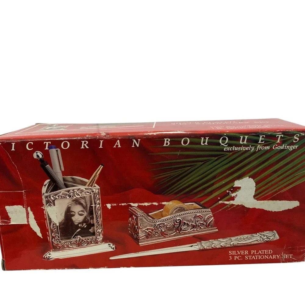 Godinger Victorian Bouquets Silver Plated 3pc Stationery Set Desk Accessories